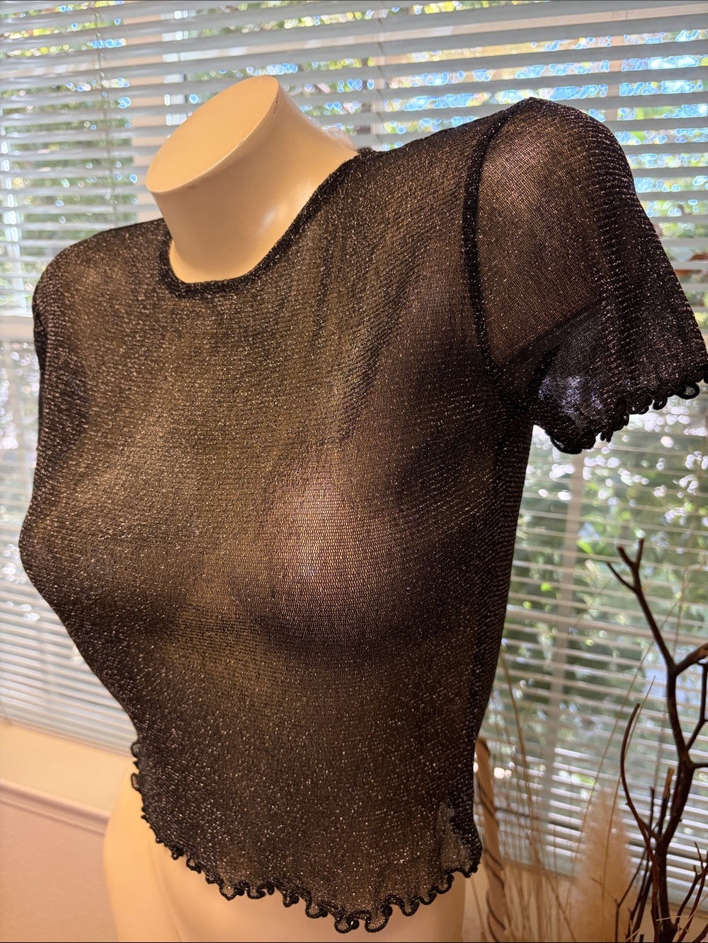 Sheer Metallic Black Short Sleeve Knit Tee
